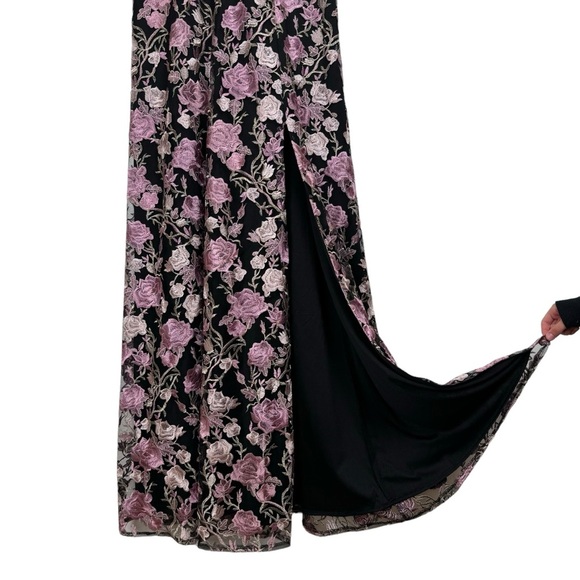Xscape Floral Embroidered Front Slit Sleeveless Gown Maxi Dress Black + Pink 14 - Picture 7 of 16